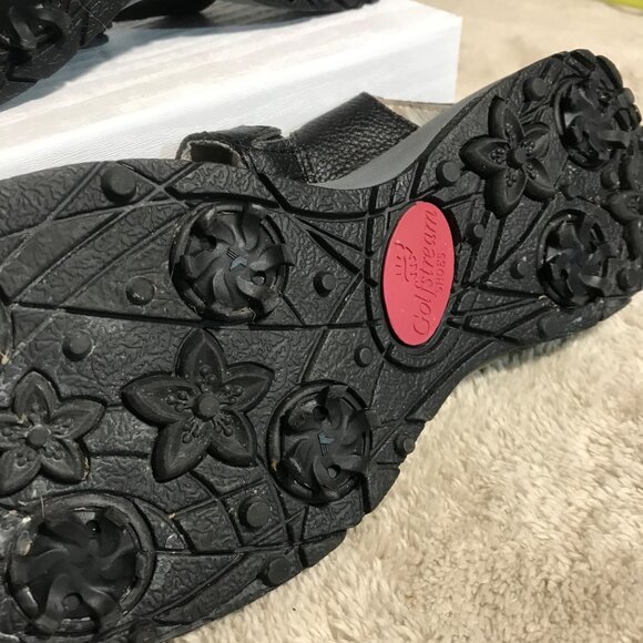 Golfstream Womens  Black Leather Strappy Sandals Size 9M With Floral Sole Design - Picture 13 of 14